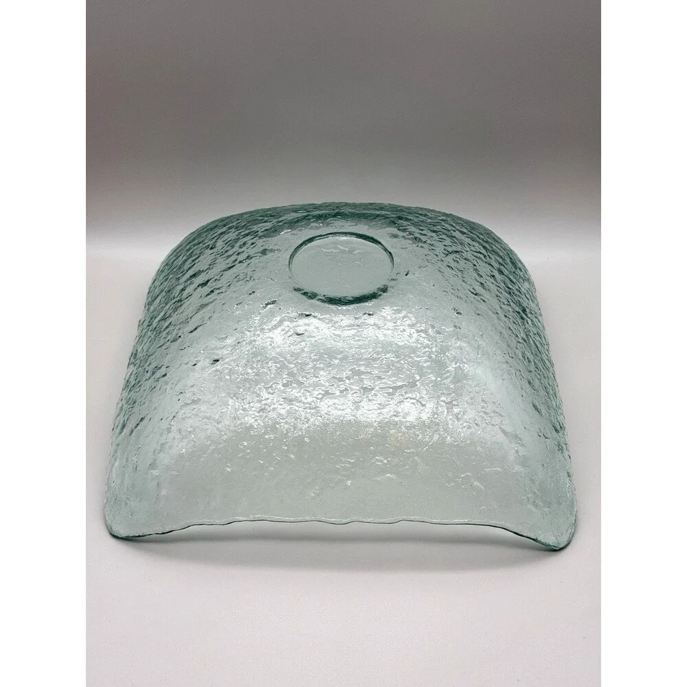 VTG San Miguel Style Recycled Ice Glass Square Bowl Pale Aqua Green Bark 12” MCM